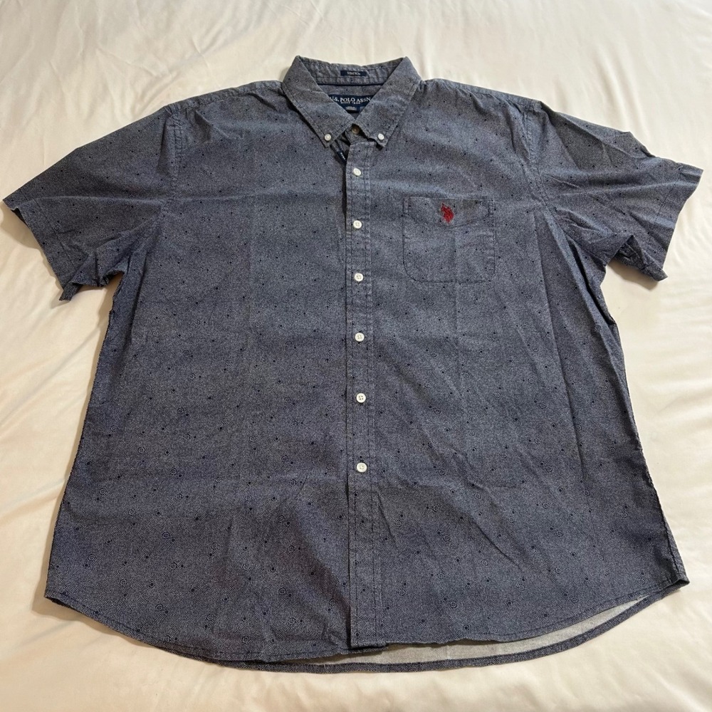 US Polo Assn Mens XXL Short Sleeve Button Down Shirt Navy Blue Geometric Stretch